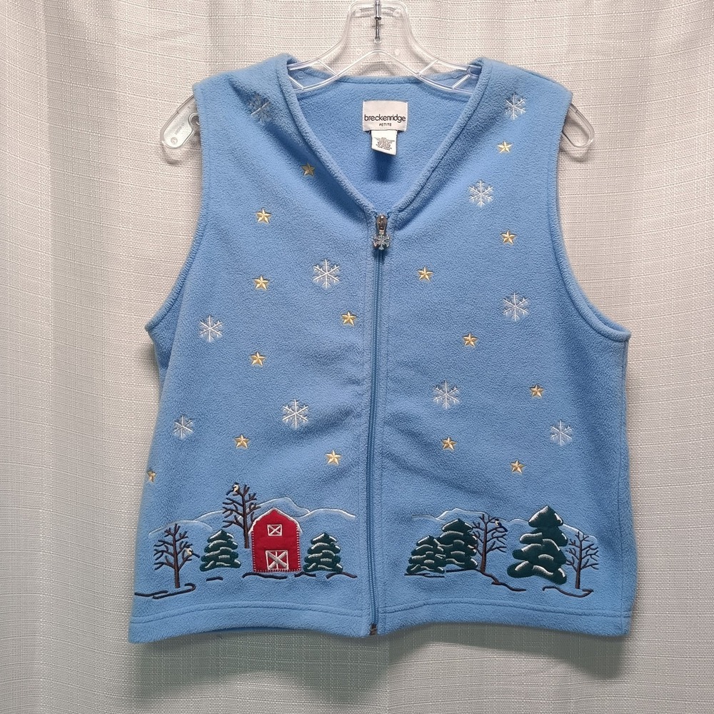 Breckenridge Petites Vest Women's PM Winter Holiday Fleece Embroidery Snowflakes
